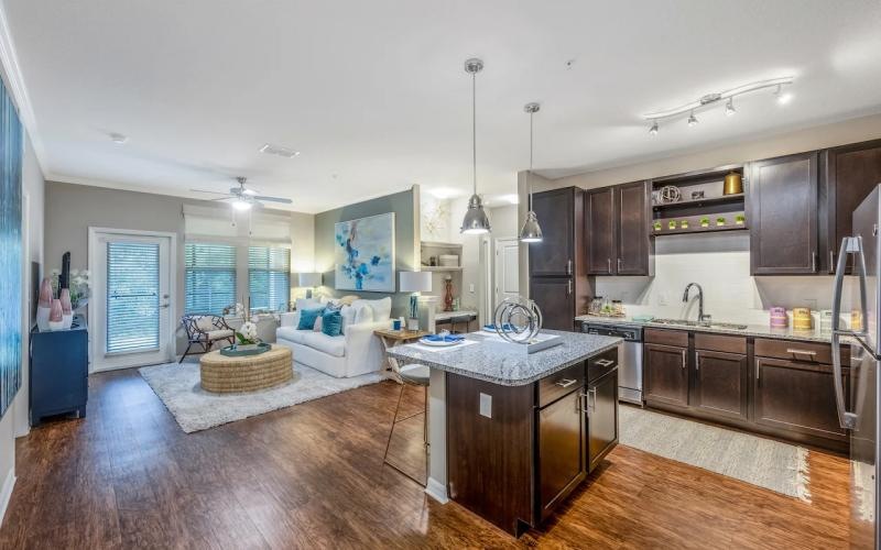 a large kitchen with a large island